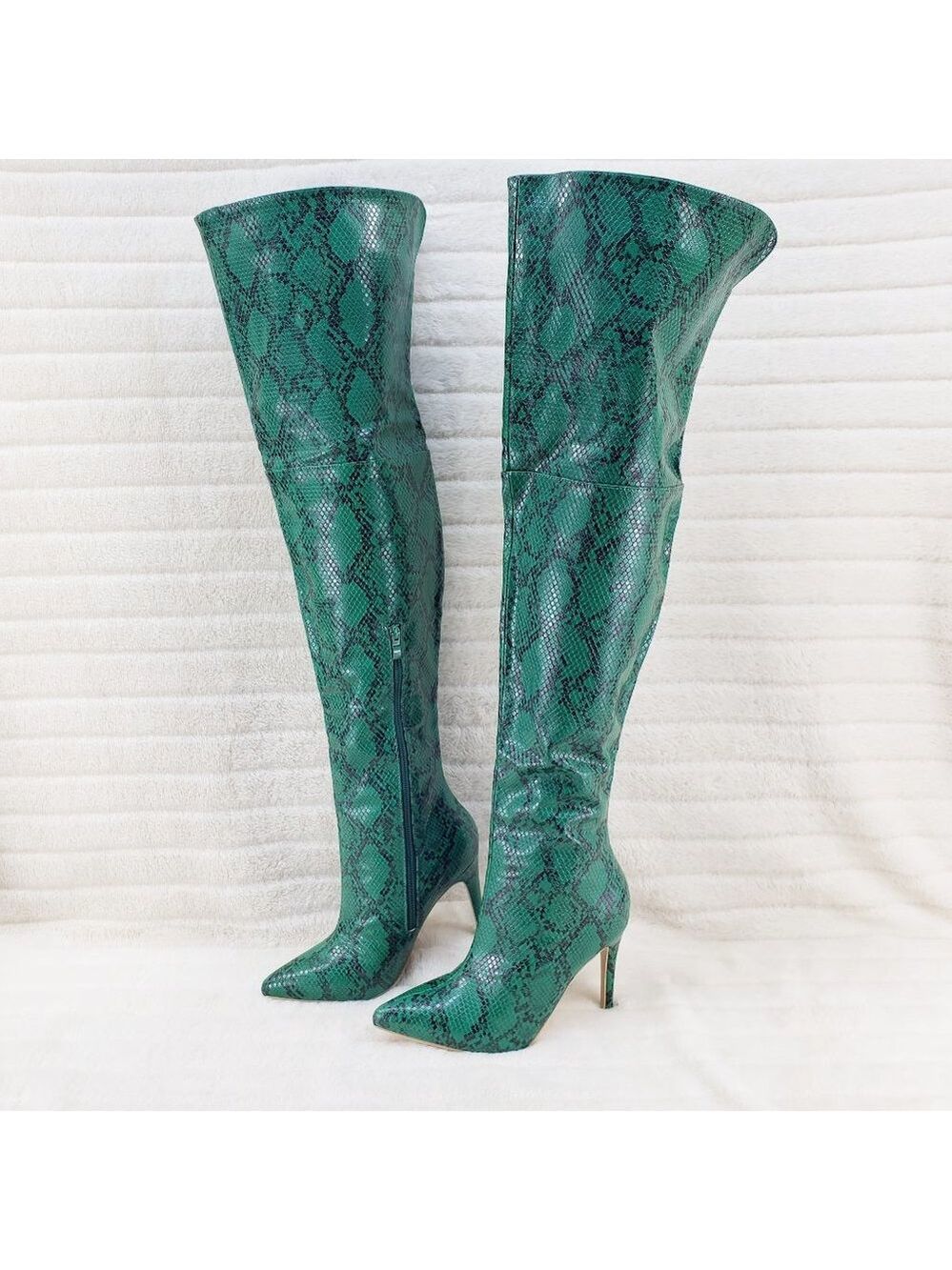 Jade Snake Wide Top Sexy Thigh High Heel Boots - Picture 2 of 11